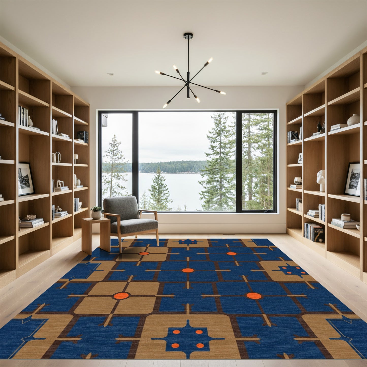 Modern Blue Brown Geometric Sunburst Rug