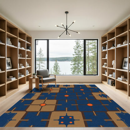 Modern Blue Brown Geometric Sunburst Rug
