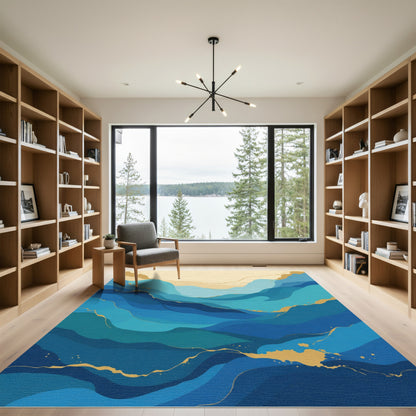 Deep Blue Wave Abstract Gold Veins Rug