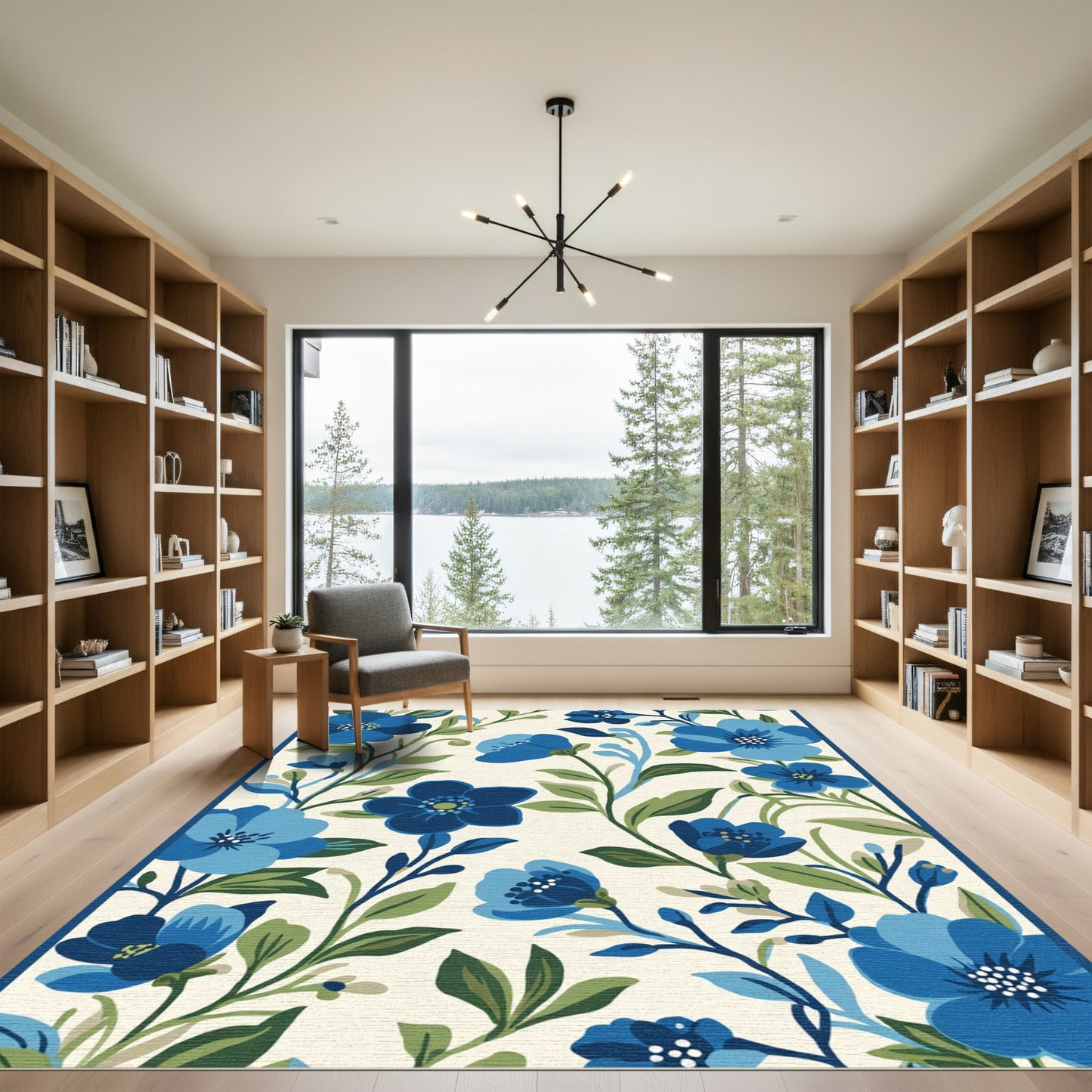 Deep Blue Floral Vine Arrangement Rug