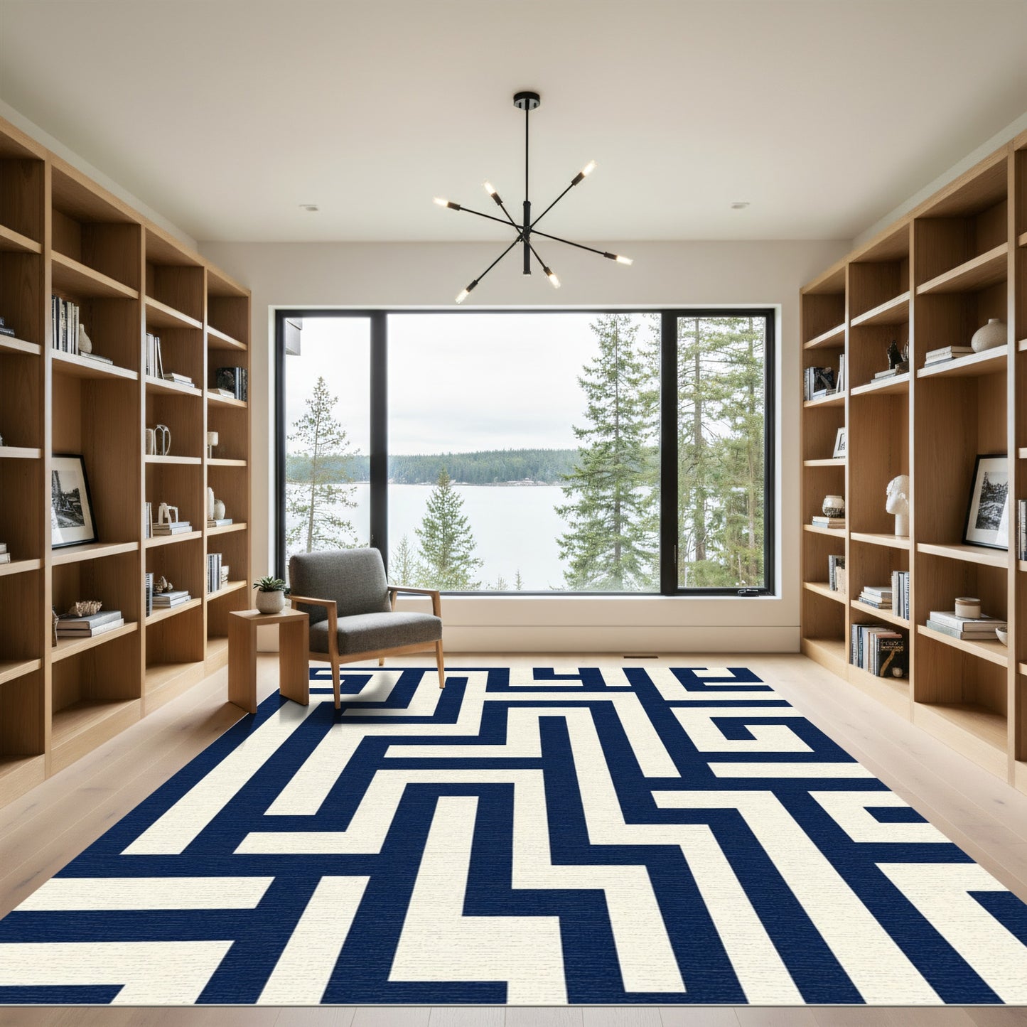 Navy And Cream Maze Geometric Rug