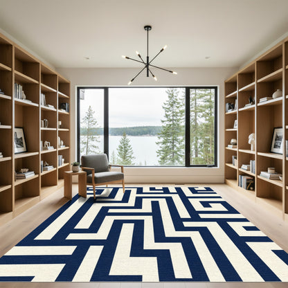 Navy And Cream Maze Geometric Rug