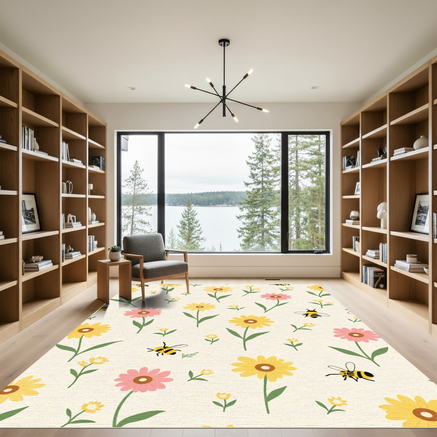 Yellow Pink Floral Bees Meadow Rug