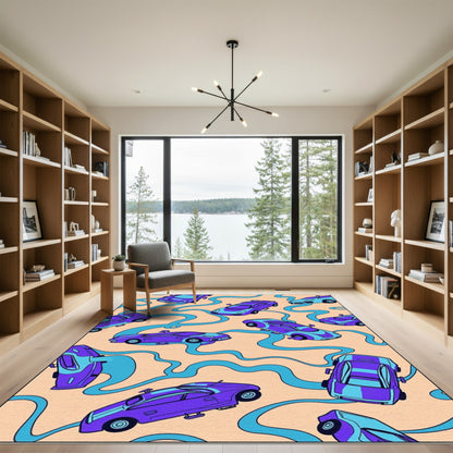 Retro Violet Blue Sports Cars Rug