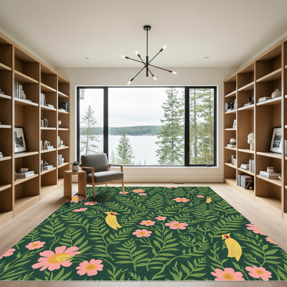 Yellow Birds Pink Flowers Dark Green Foliage Rug