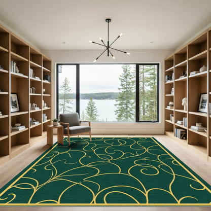 Deep Green Golden Vine Swirl Rug
