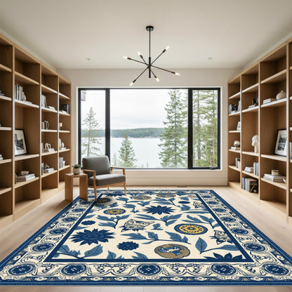 Cream Navy Floral Animal Garden Rug
