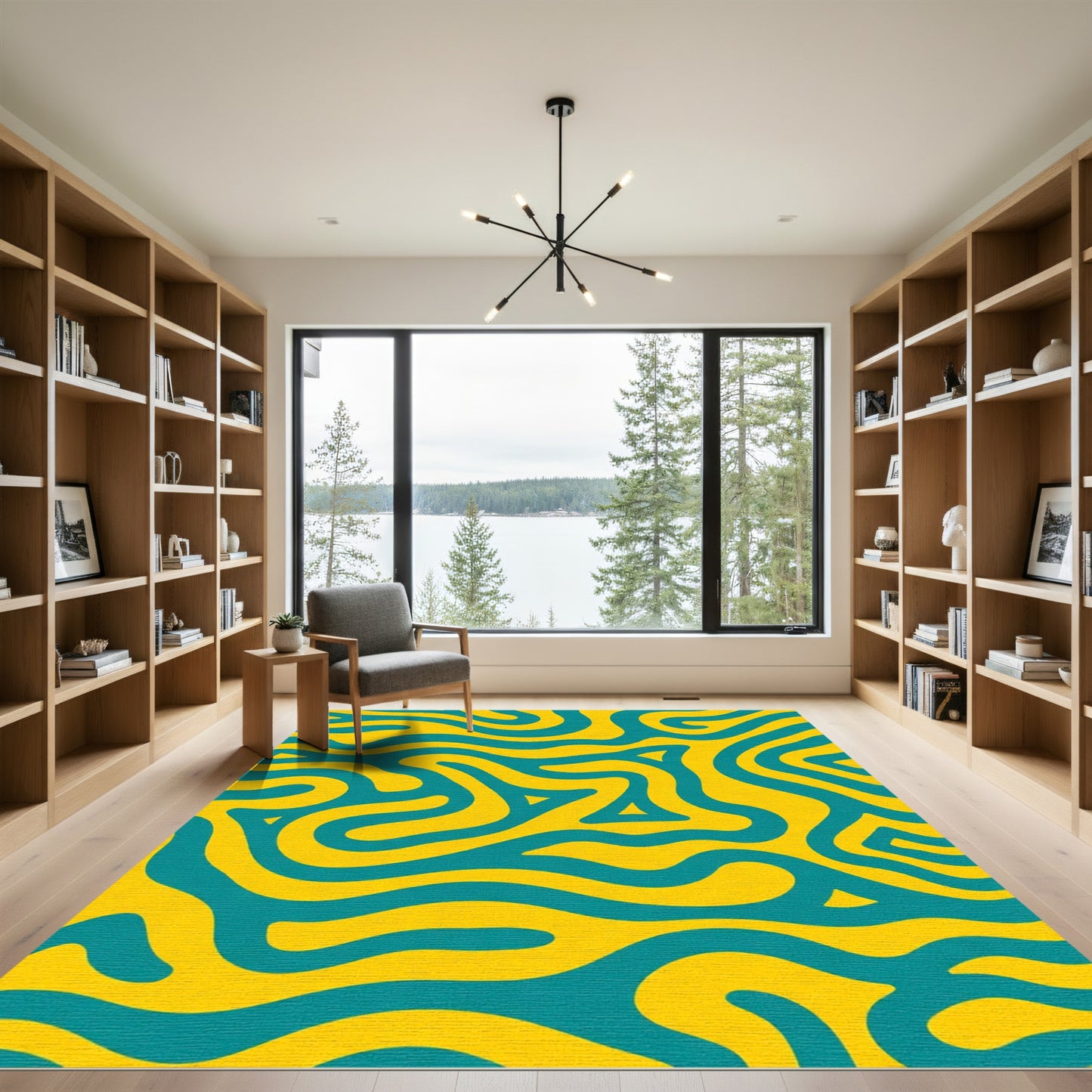 Teal Swirl Yellow Abstract Waves Rug