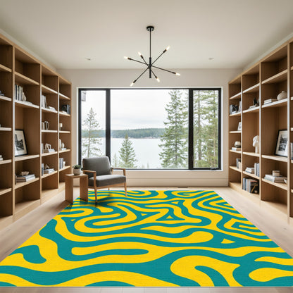 Teal Swirl Yellow Abstract Waves Rug