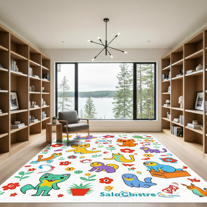 Playful Animals And Flowers Illustration Rug