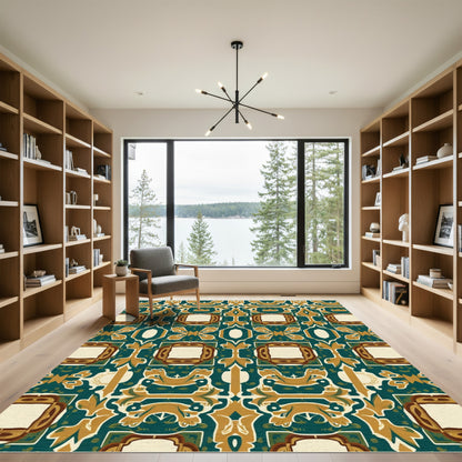 Ornate Teal and Gold Medallion Arrangement Rug
