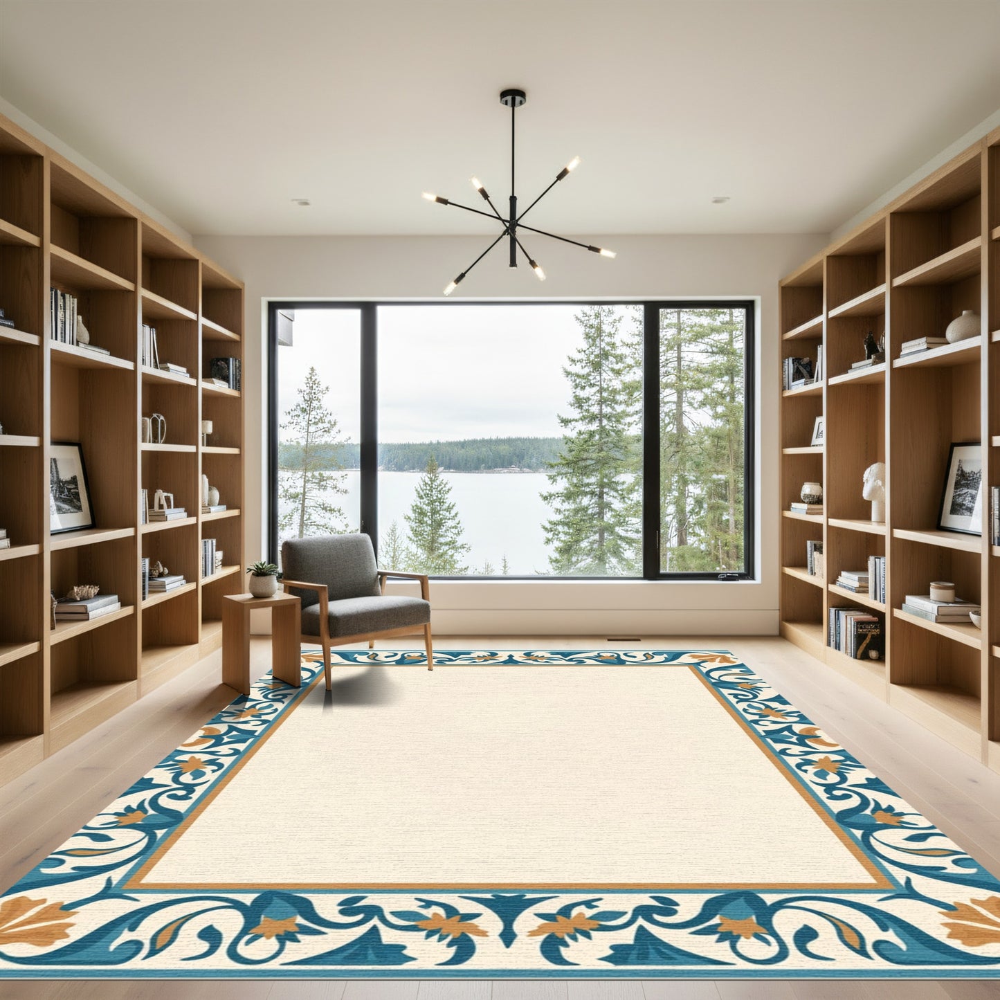 Teal Orange Floral Arch Border Rug