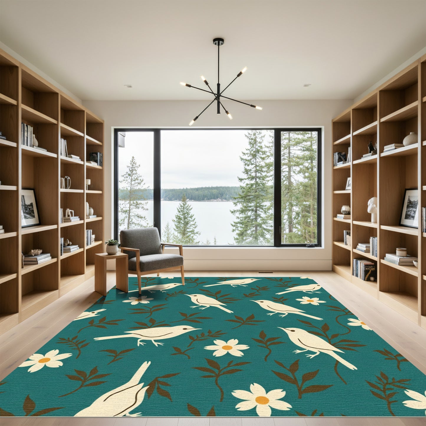 Cream Birds Floral Teal Field Rug