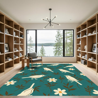 Cream Birds Floral Teal Field Rug