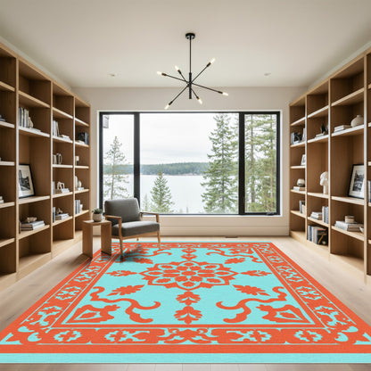 Coral Medallion Repeating Floral Border Rug