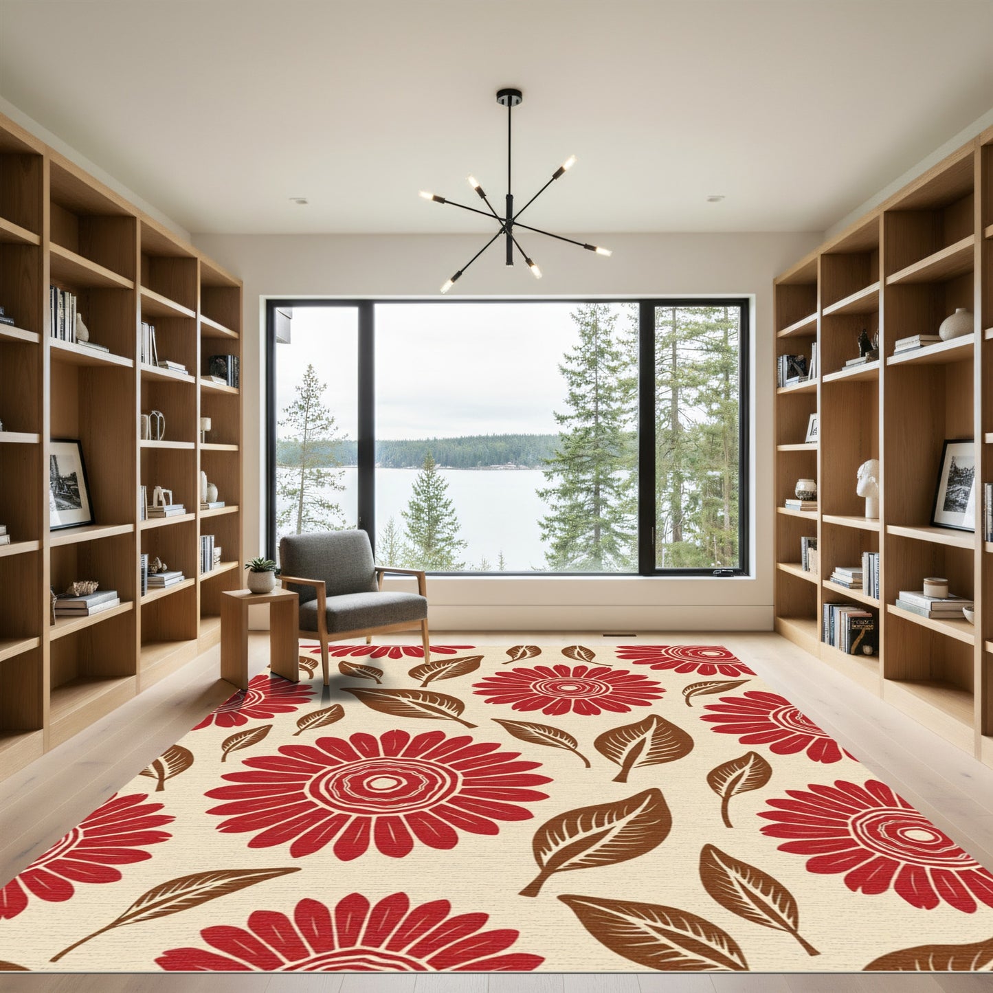 Crimson Red Floral And Leaf Arrangement Rug