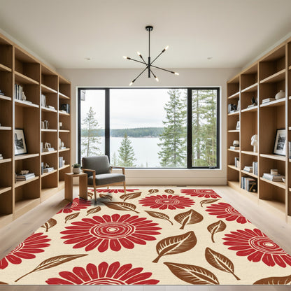 Crimson Red Floral And Leaf Arrangement Rug