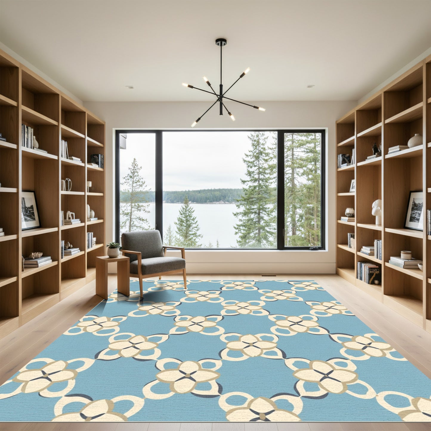 Light Blue Cream Quatrefoil Lattice Rug