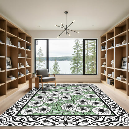 Black White Floral Garden Border Rug