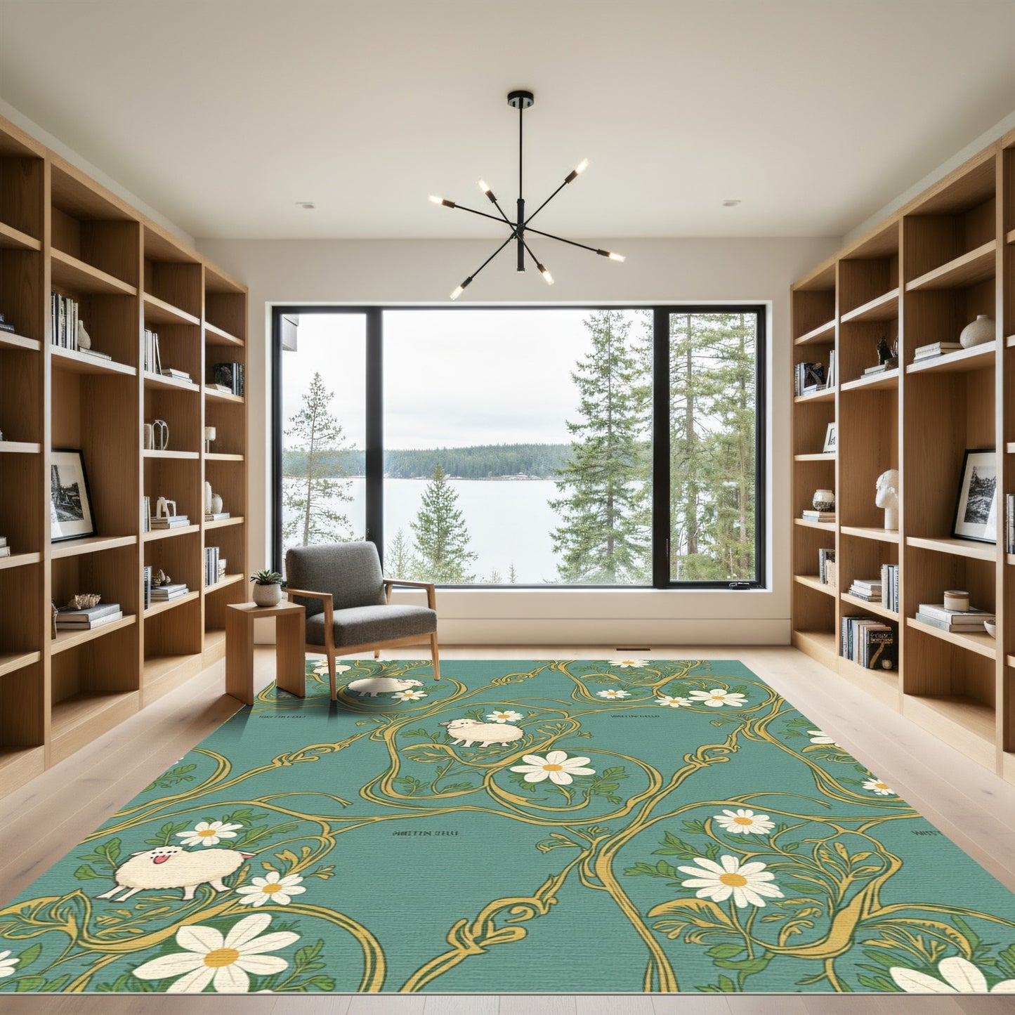 Whimsical Sheep Daisy Vine TealRug Rug