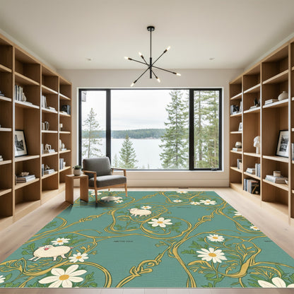 Whimsical Sheep Daisy Vine TealRug Rug