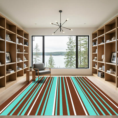 Brown Turquoise White Stripe Rug