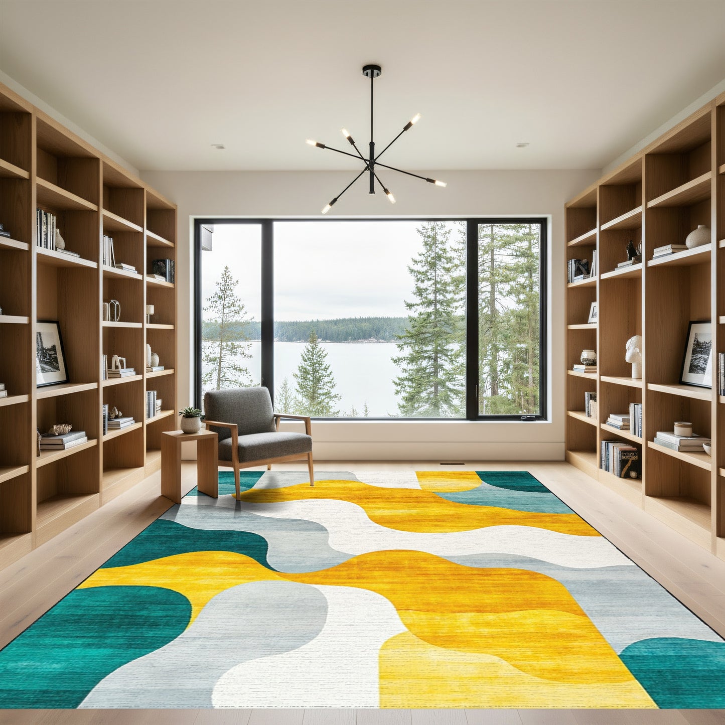 Teal Yellow Gray Wavy Organic Rug