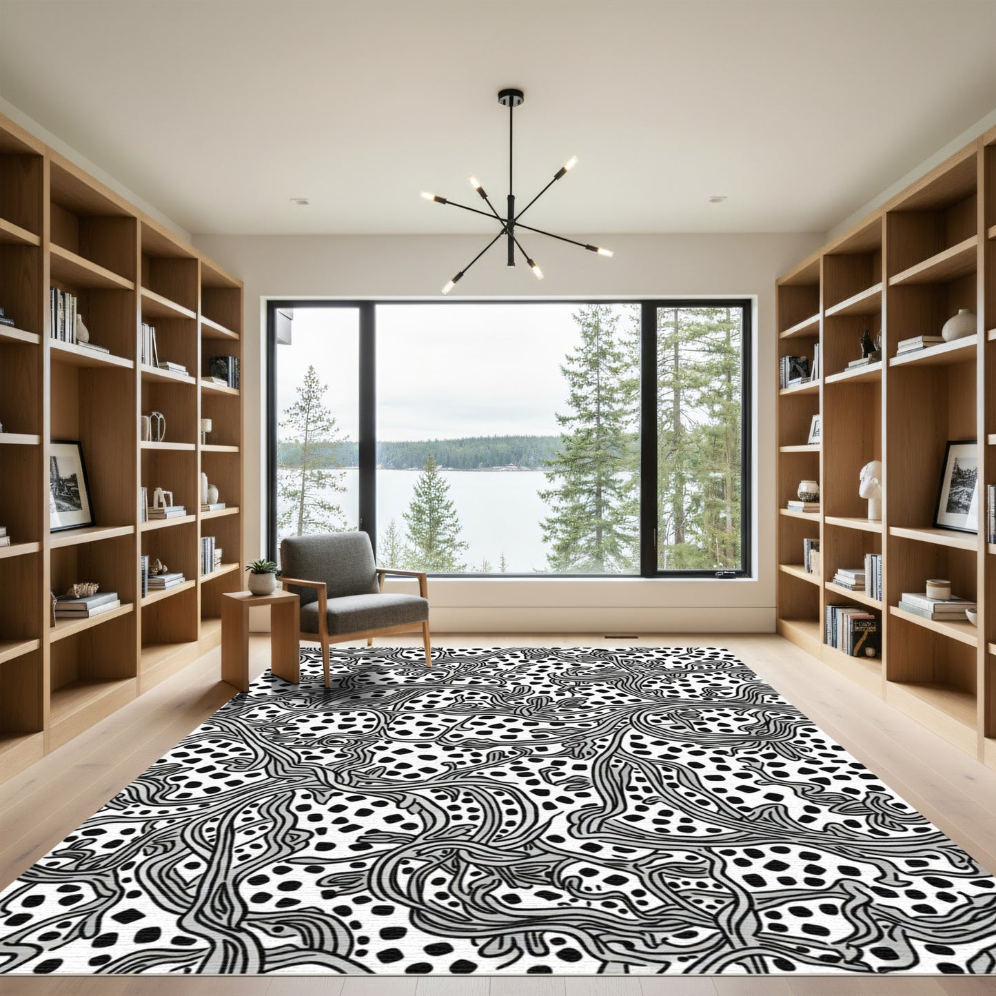 Abstract Black White Botanical Swirl Rug