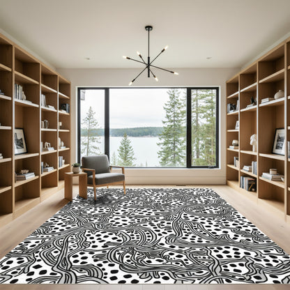 Abstract Black White Botanical Swirl Rug