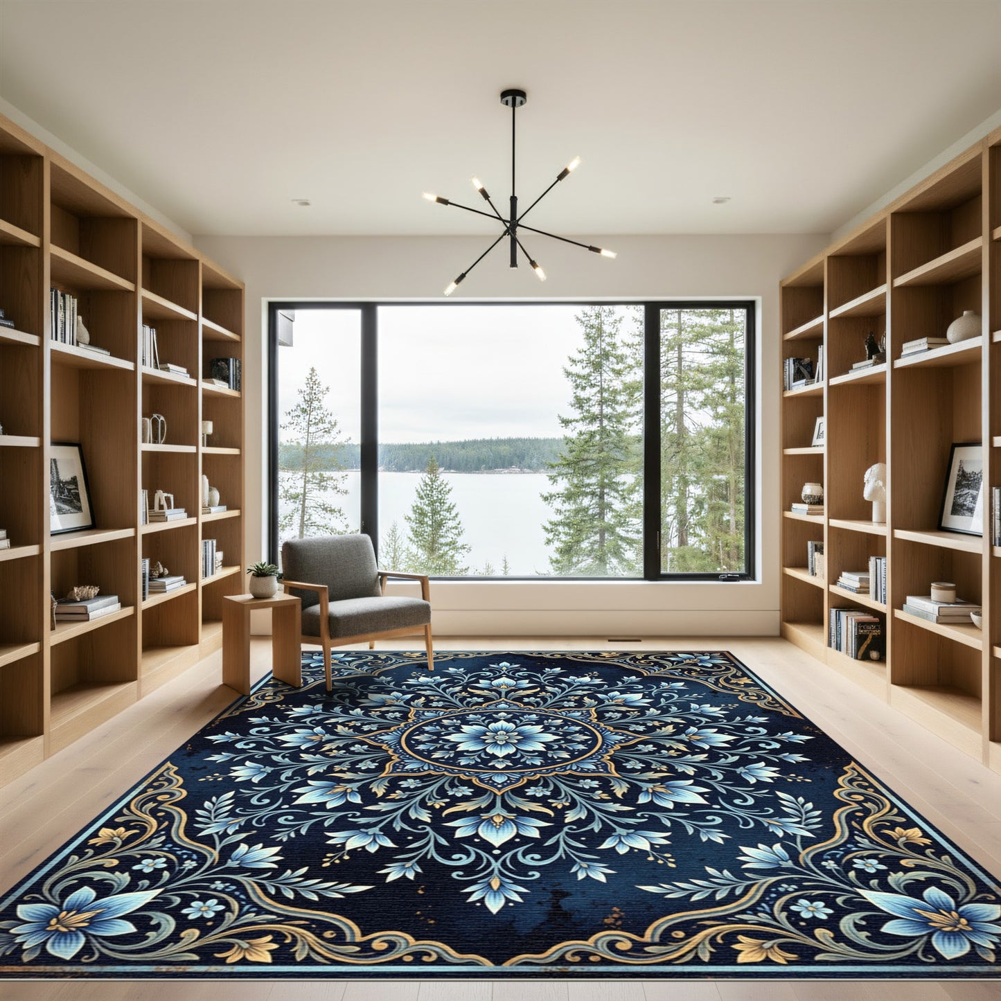 Deep Blue Golden Floral Medallion Rug