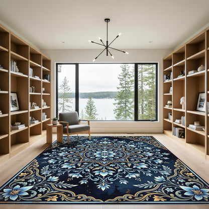 Deep Blue Golden Floral Medallion Rug