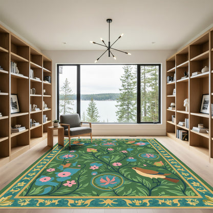 Green Floral Bird Botanical Garden Rug