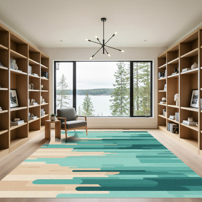 Modern Teal Abstract Layered Stripes Rug