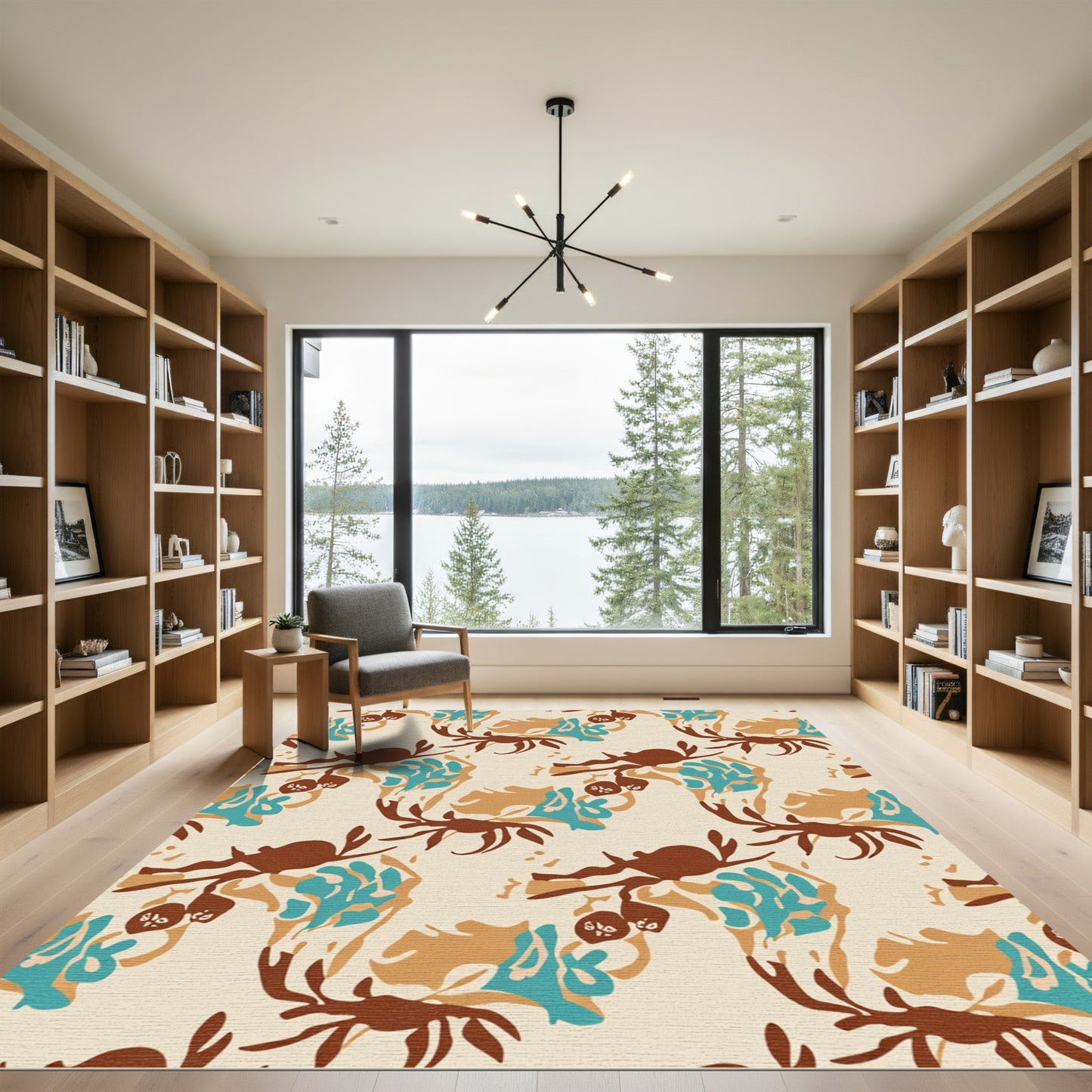 Earthy Brown Teal Crab Branch Composition Rug