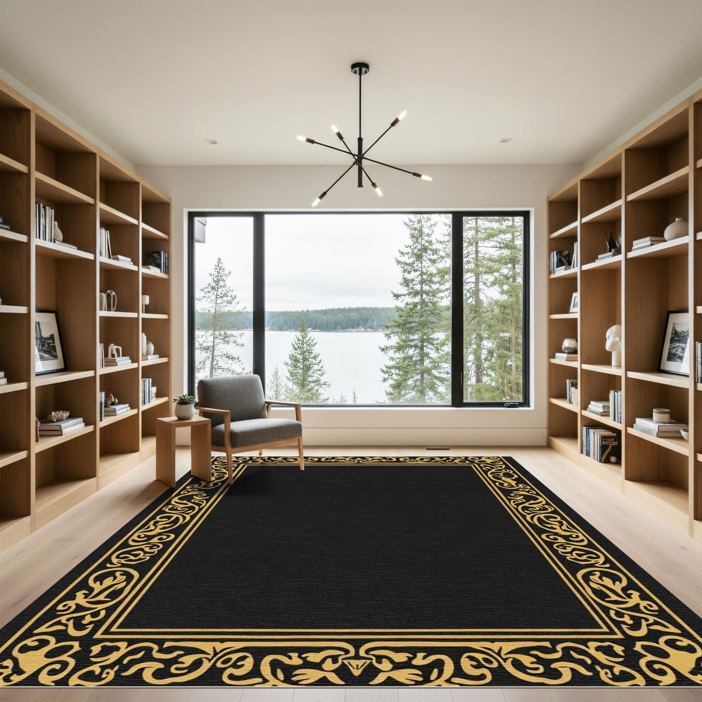 Black Gold Elaborate Floral Border Rug