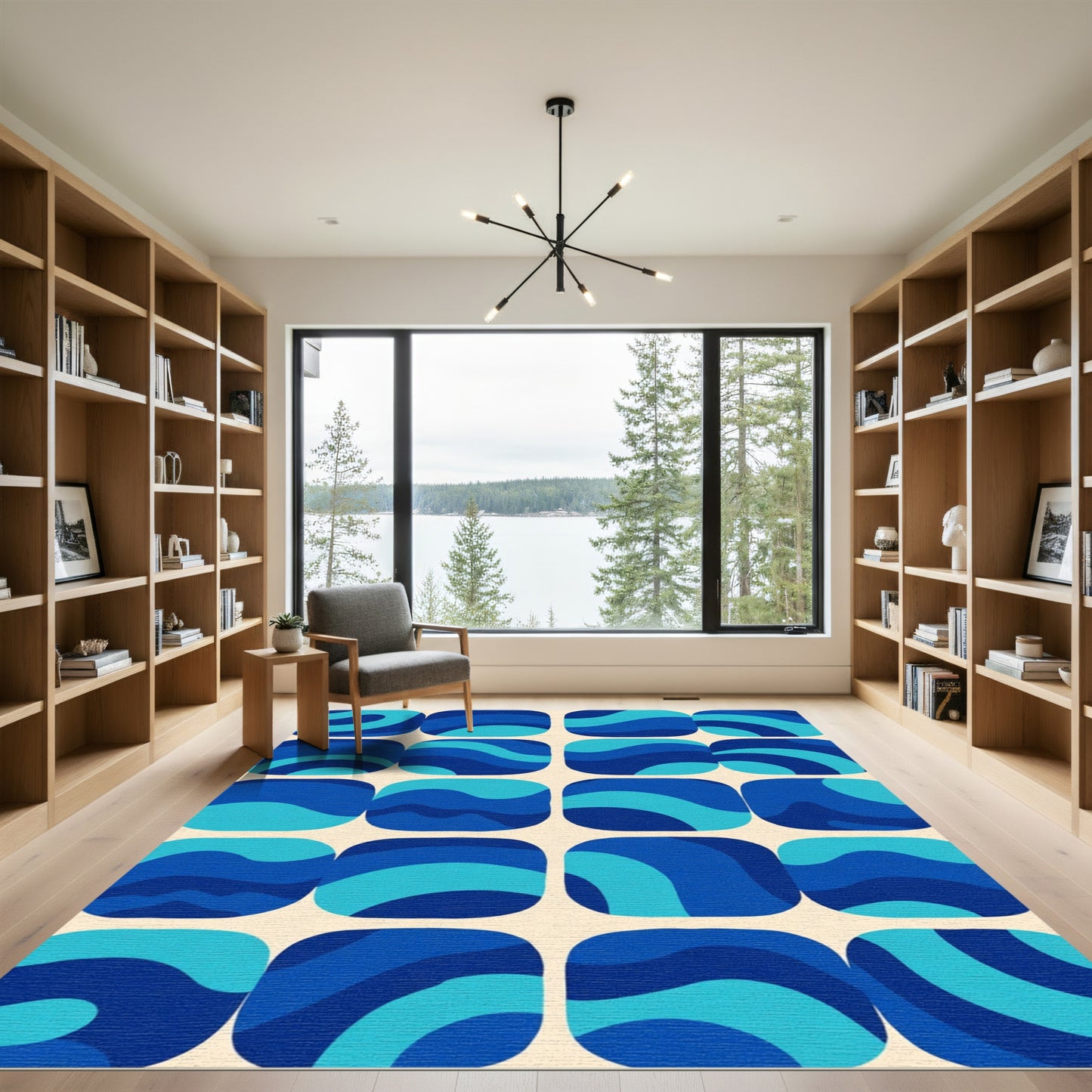 Retro Blue Wave Squared Composition Rug