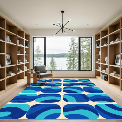 Retro Blue Wave Squared Composition Rug