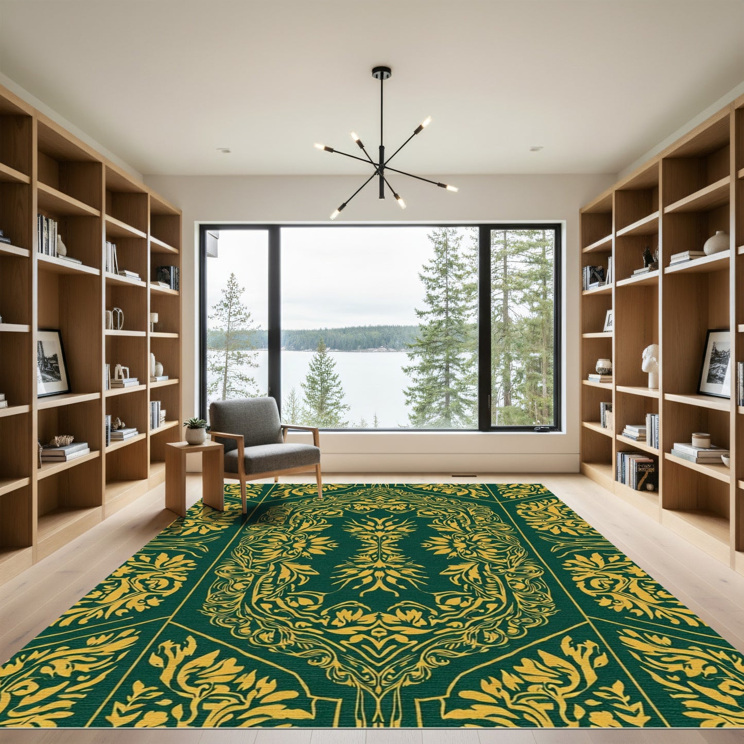 Deep Emerald Golden Floral Medallion Rug