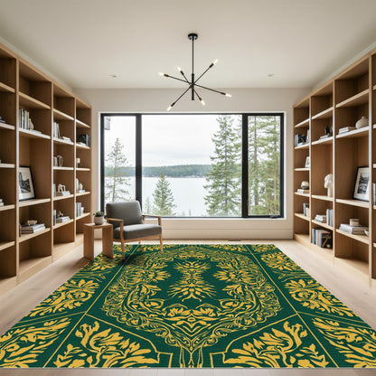 Deep Emerald Golden Floral Medallion Rug