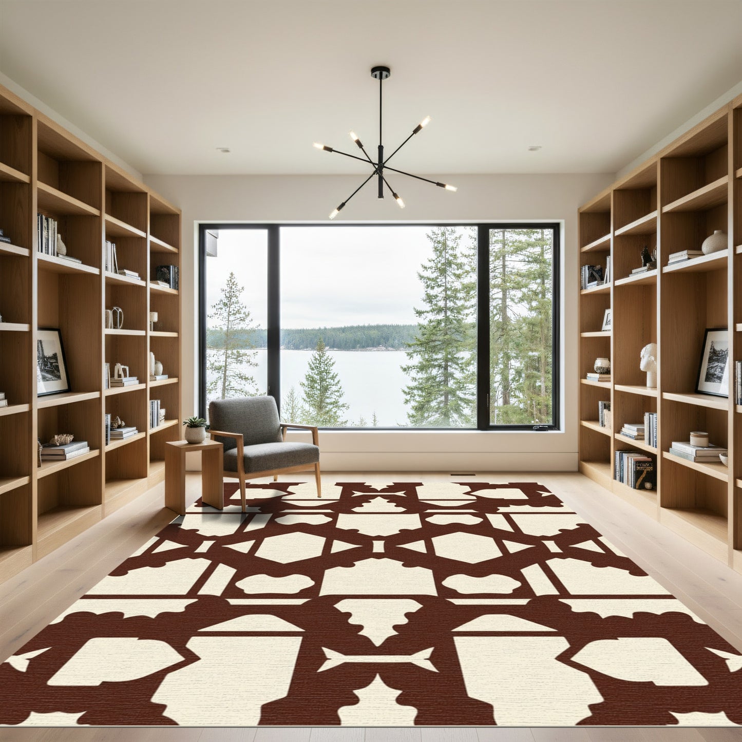 Brown White Geometric Medallion Rug