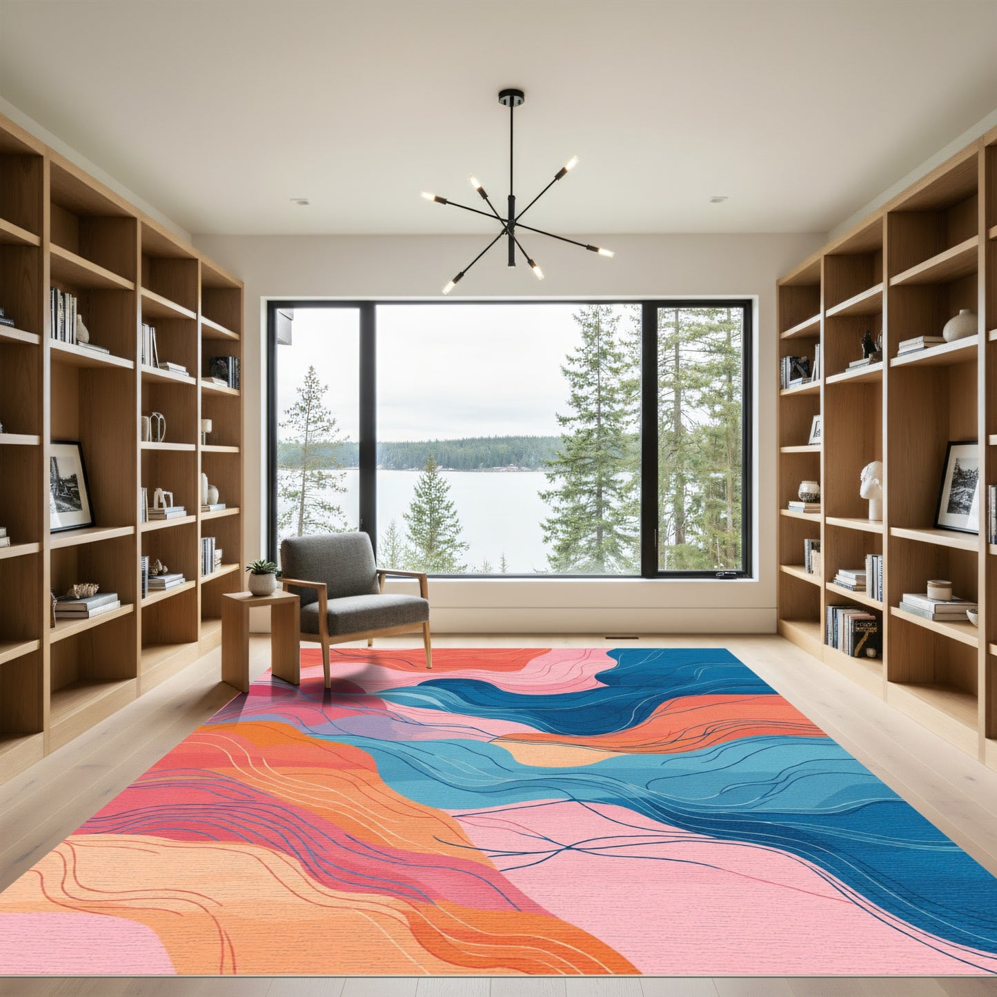 Coral Blue Pink Wavy Abstract Rug