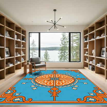 Vibrant Orange Medallion Blue Square Rug