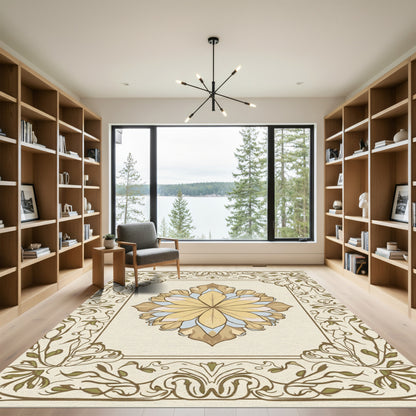 Golden Floral Medallion With Vine Border Rug