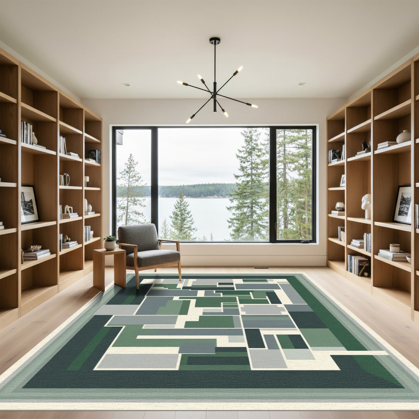 Modern Green Gray Geometric Blocks Rug