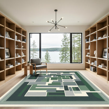 Modern Green Gray Geometric Blocks Rug