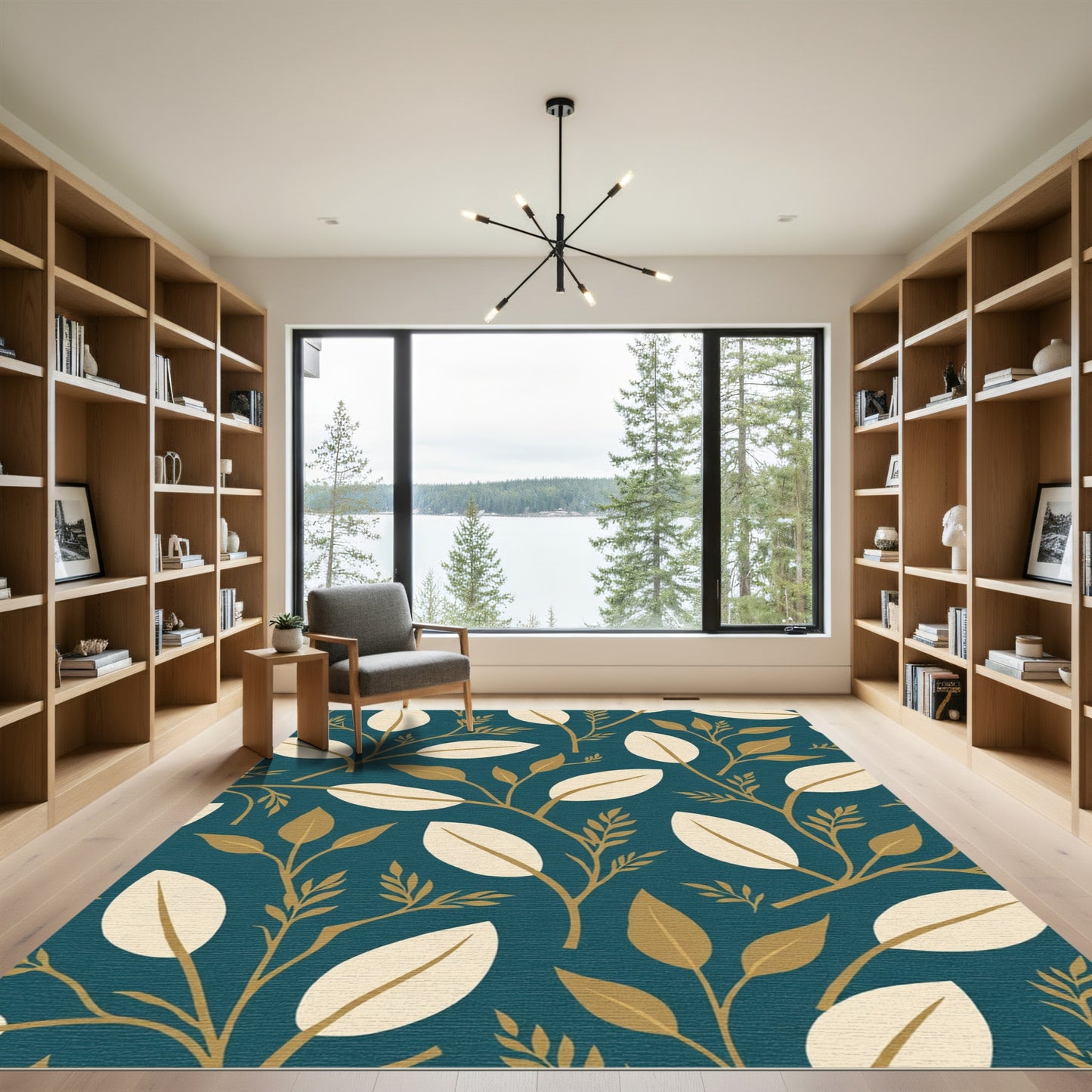 Golden Twigged Leaf Pattern Rug
