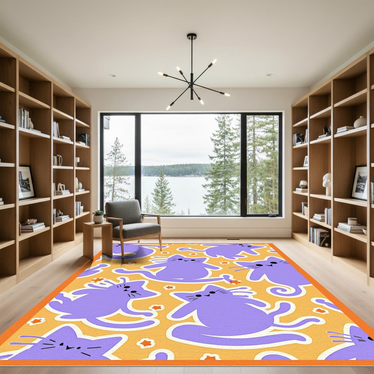 Purple Cats Playful Orange Stars Rug