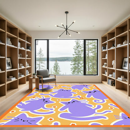 Purple Cats Playful Orange Stars Rug