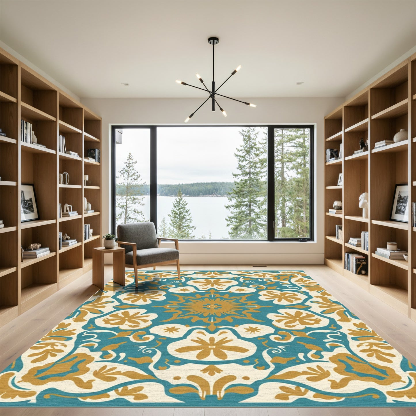 Teal Gold Floral Medallion Symmetry Rug