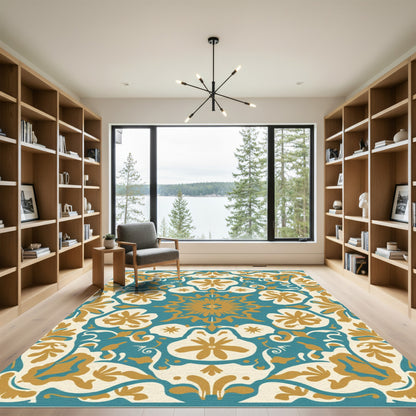 Teal Gold Floral Medallion Symmetry Rug